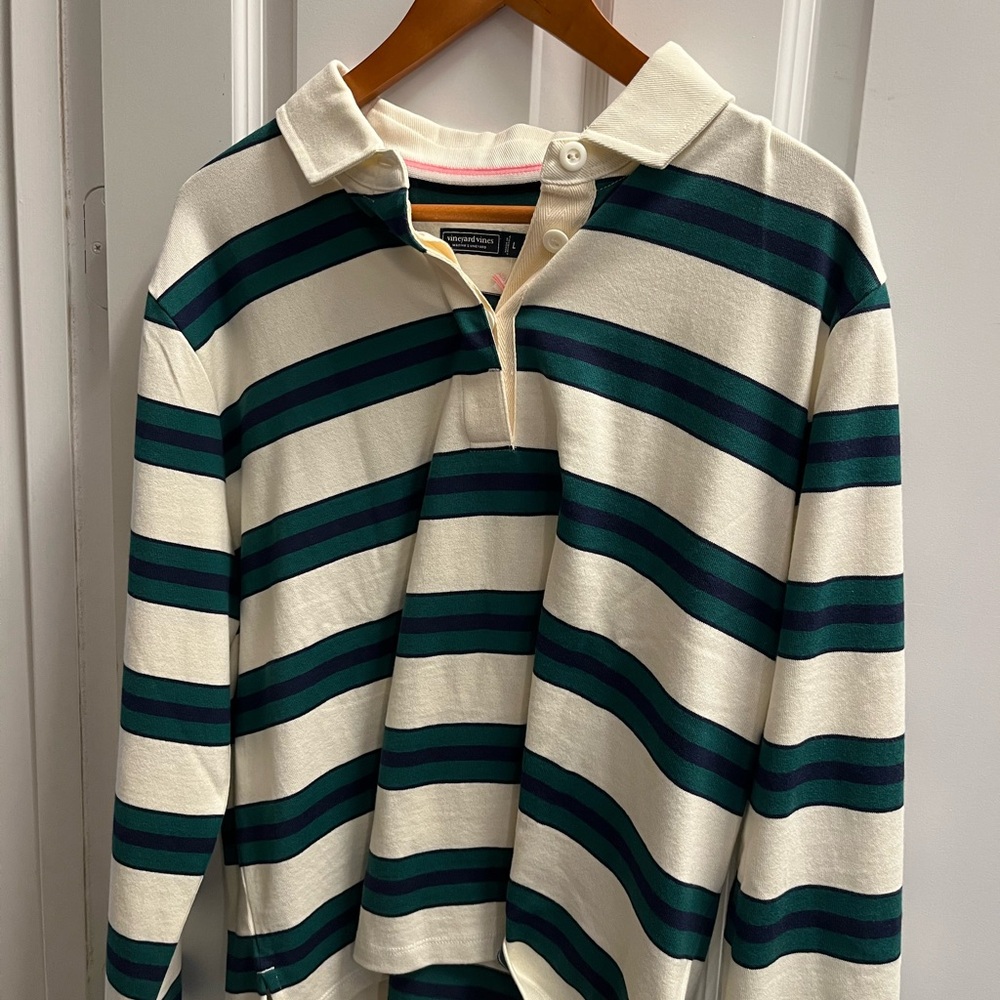 Vineyard Vines Cream Rugby Polo with Green and Navy Stripes